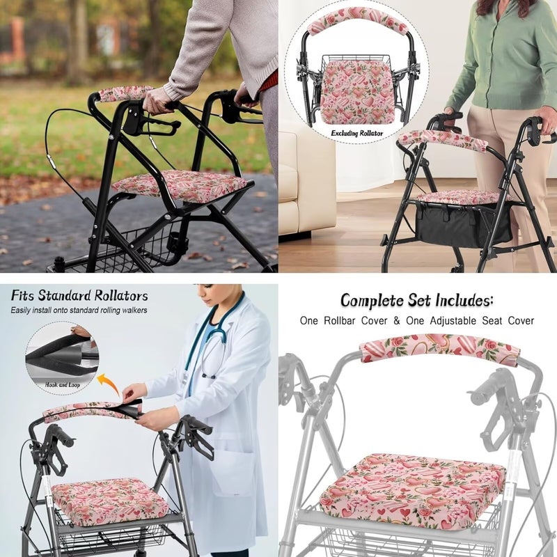 LedBack 3 Piece Set Walker Accessories Pink Rose Heart Walker Seat Cover Soft Rollator Seat and Back Rest Covers Underseat Pouch Tote Valentines Decorations - Image 4